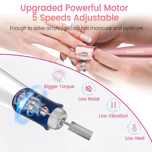 SnnyNyx Cordless Electric Nail Drill 35000 RPM, Professional Portable Nail File for Acrylic Nails & Gel Polish Removal, Low Vibration & Heat E-file with 11 Drill Bits, Salon-Quality Manicure Pedicure Kit (Rose Pink）