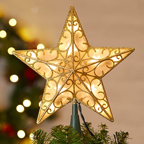 Christmas Star Tree Topper, Plug In Gold Glittered 3D Star Tree Topper