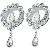 SoScene Silver Stainless Steel Dangle Opal center Single flare Ear Plugs Gauges (12MM)