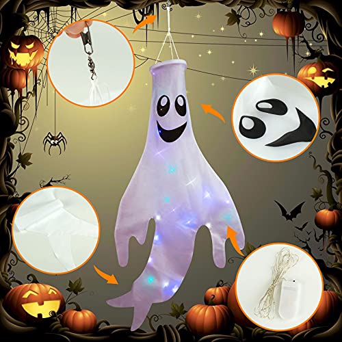 Starrky Halloween Ghost Windsocks Hanging Decorations Flags, 2PCS 43 Inches Halloween Windsock Outdoor Hanging Decoration for Front Yard Patio Lawn Garden Party Decor
