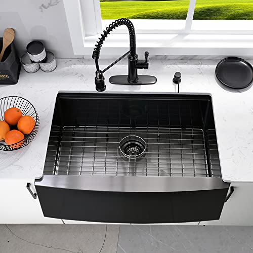 Gabhar 30 Inch Undermount Farmhouse Kitchen Sink - Single Bowl, 16 Gauge Black Stainless Steel, Apron Front