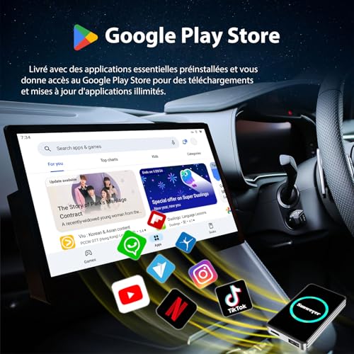 Sunweyer CarPlay 2025 Android Auto Streaming Box SW12 Wireless Adapter with Netflix, YouTube, Hulu, App Installation - AI Box, Dual WiFi, HDMI, LED Mood Light (SW12 Pro)