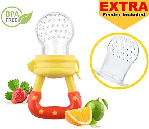 GenialityKids Baby Solid Fresh Food Fruit Feeder Silicone Pacifier and Teether - Teething Pacifier with Feeding Pouch (Yellow Plus Feeder Replacement)
