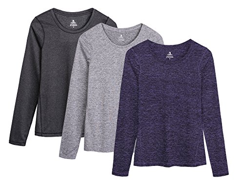 icyzone Women's Workout Yoga Long Sleeve T-Shirts with Thumb Holes (Black Heather/Granite/Purple, M)