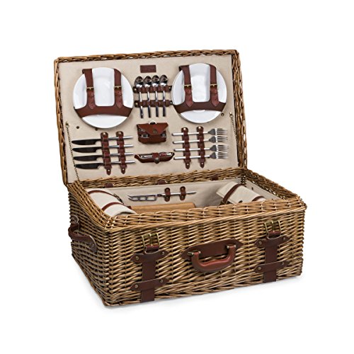 PICNIC TIME Charleston Luxury Wicker Picnic Basket for 4 with Blanket
