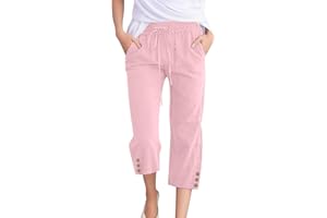 GENERIC Plus Size Linen Capris Pants for Women with Drawstring Casual Cropped Trouser Leggings Summer 2024 Straight Leg Lounge