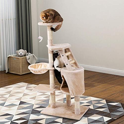 PURLOVE Cat Kitten Scratching Post Tree with Hammock Scratches Bed Tree Climbing Toy Mouse Activity Centre Scratching Post Play Tower Tree House Home Decorative Furniture (Beige 1)