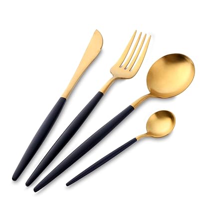 Buyer Star Gold Besteck 4Pcs Edelstahl Utensilien Set Luxus Essgeschirr Goldener Messer Gabel mit schwarzem Griff Geschirr Se
