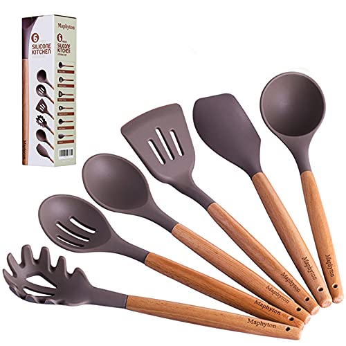 Mapthon Silicone Cooking Kitchen Utensils Set 6 PCS with Wooden Handle for Non-Sticker Cookware Heat-Resistant Kitchen Gadgets Serving Spoons, Slotted Turner, Spatula, Spaghetti Server(Grey)