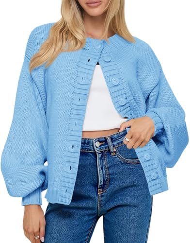 Saodimallsu Womens Long Sleeve Button Down Cardigan Sweaters Crew Neck Open Front Knit Casual Loose Fit Fall Sweater Coat Light Blue
