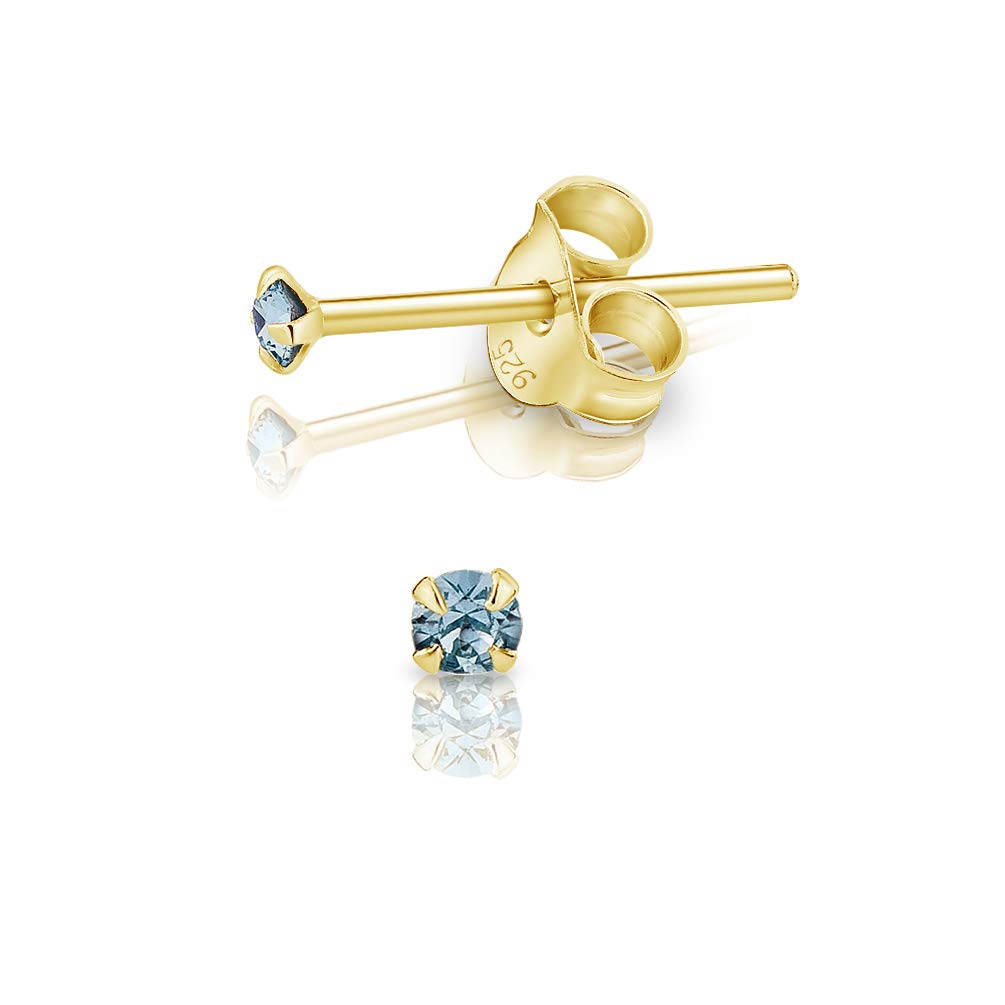 DTPSilver - 925 Sterling Silver Yellow Gold plated Round TINY Stud Earrings made with Glittering Crystals from Swarovski® Elements - Diameter: 2 mm - Colour : Blue Aquamarine