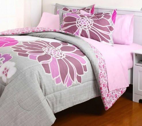 8pc Gray Pink Reversible Flower Floral College Dorm Full Comforter Set (8pc Bed in a Bag) with Sleep Mask