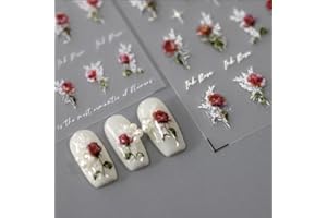 JIALITFUN 5D Embossed Nails Art Stickers Nail Decals for DIY Nail Art Self-Adhesive Nail Stickers for Nail Art Nail Supplies Accessories for Women Girls Kids (1, Red Rose)