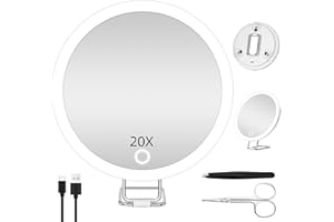 JADAZROR 20X Magnifying Mirror with Light, 6'' Makeup Magnifying Mirror with LED Lighted 20x Magnification Mirror, 20x Travel Magnifying Mirror, 20X High Magnified Mirror, 3 Suction Cups, 360° Adjustable Stand
