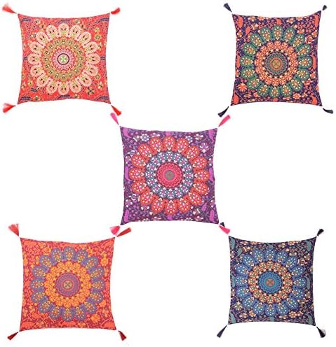 Tanya Handicrafts Cotton Mandala Cushion Cover Handmade Indian Cushion Sham Multi Color Cushion Cover 16x16 inches 5 Pieces Set