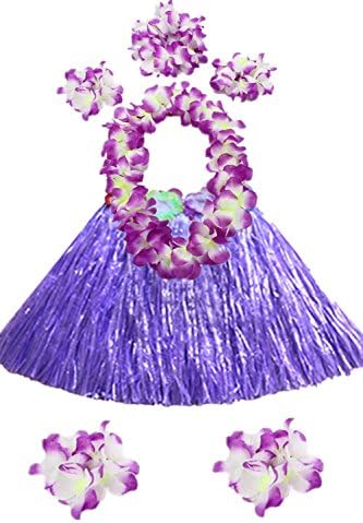he andiHawaii 40cm grass skirt with flowers bracelets headband necklace Hula set （7 PC)