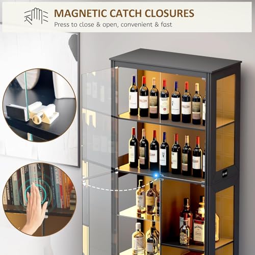 180 cm Display Cabinet with Glass Doors, Modern Curio Cabinet with 3 Color Lights, 7-Tiers Glass Display Cases for Collectibles, Tall Lego Storage Cabinet with Human Body Sensor (Black)