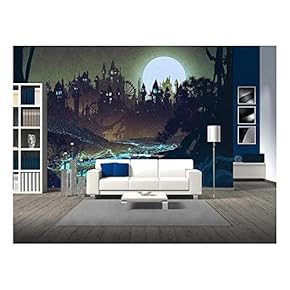 Beautiful Landscape with Mysterious River,Full Moon Over Castles,Illustration Painting - Removable Wall Mural | Self-Adhesive Large Wallpaper - 66x96 inches