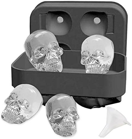 3D Skull Ice Cube Tray mold with Lid, food-safe silicone makes four delicate skulls freezer for Your Whisky or, Scotch, Cocktail and Liqueur Glasses-Black, shape the skull ice cube.BPA Free MERRY BIRD