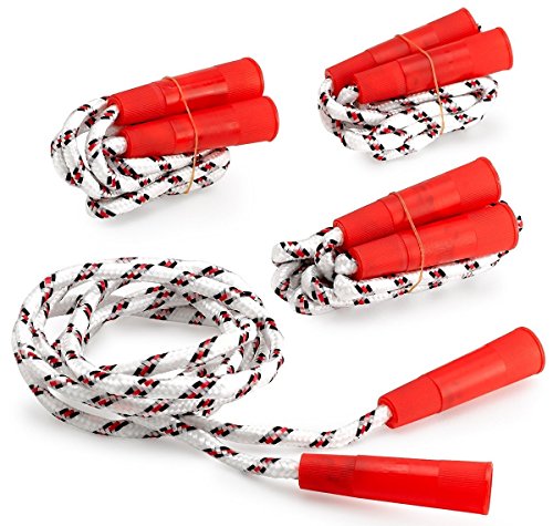 Kidsco Jump Rope Nylon Plastic Handles 6.5 Inches â€“ 8 Pack - White Jumping Rope Red Stripes Handles Kids Adults - Sports, Outdoors, Fitness, Exercise, Fun, Play, Toy
