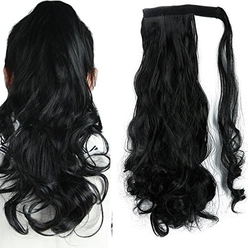 S-noilite Newest Pop Long Straight Curly Wavy Wrap Around on Ponytail Clip in Pony Tail Hair Extensions Natural Synthetic Hairpiece(17inchs-curly, dark black-curly)