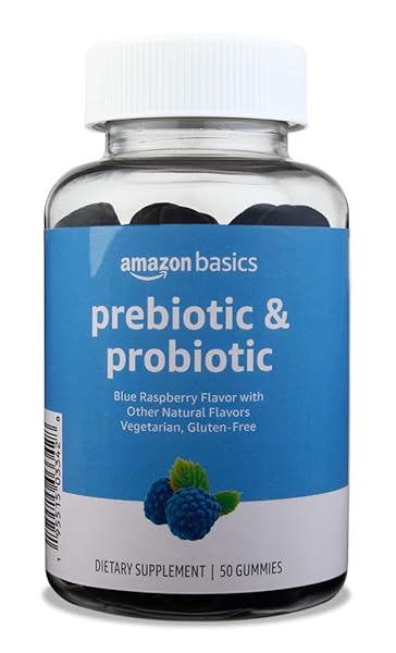 AMAZON BRAND – SOLIMO PREBIOTIC & PROBIOTIC GUMMIES, 2 BILLION CFU, BLUE RASPBERRY, 50 COUNT (2 PER SERVING)