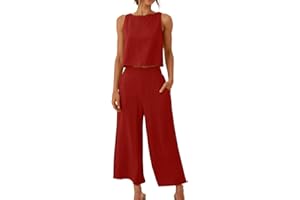 Aboser Linen Set for Women Summer 2 Piece Outfits Sleeveless Tank Crop Top Wide Leg Pants Lounge Matching Sets with Pockets
