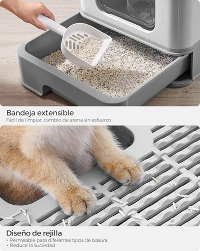 Arenero para Gatos, Caja Arena con Bandeja Extraíble, Pala, Cepillo, Espacioso para Gatos Grandes, Carga de 15 kg, Antifiltración, Antiescapes, Gris Claro y Gris Paloma PPT001GD03