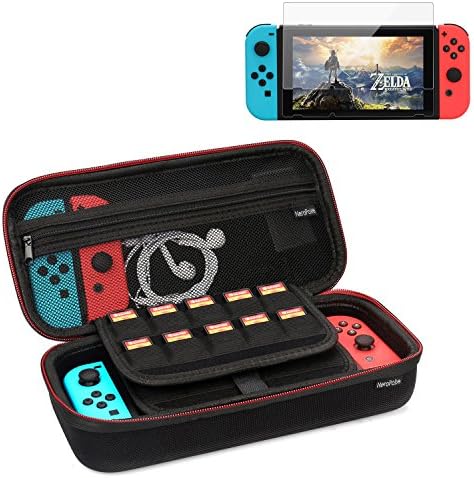 Switch Case and Tempered Glass Screen Protector for Nintendo Switch AC Wall Adapter Cable Console &amp; Accessories Carrying Handle Controller(Black w/ Protector)