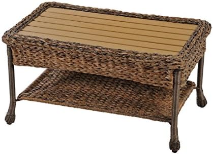 W Unlimited Rustic Collection Outdoor Garden Patio Light Brown Wicker Coffee Table Wood Table Top Aluminum Frame