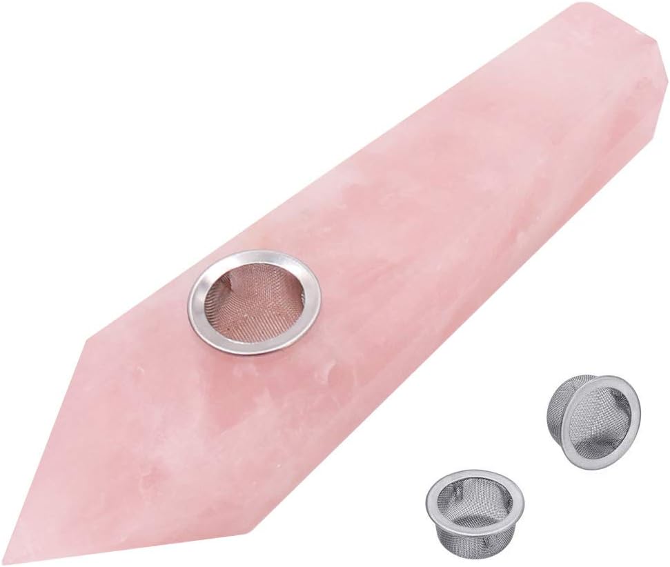 CASMON Natural Crystal Tobacco Pipe with Gift Box, Quartz Stone Smoking Tube with 3pcs Mental Screen Filters and 1 Brush for Collection, Healing, Gifts (Rose Quartz.)