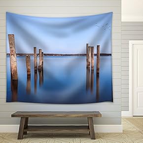 Mooring Posts Leading in Turquoise Blue Sea Aland Island Finland - Fabric Wall Tapestry Home Decor - 51x60 inches