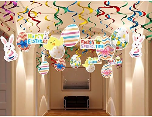 Happy Easter Day Party Decoration and Supplies Kit-30pcs Foil Swirl Ceiling Hanging,Bunny,Egg,Chick,Basket,Flowers Ornament for Home,Office,Dangling Spring Party Décor Whirl Streamer