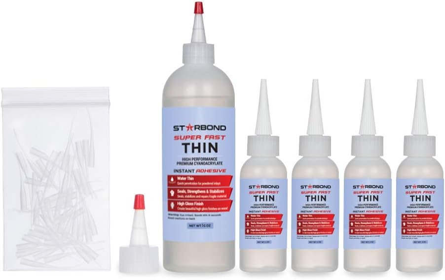 Starbond EM-02 Super Fast Thin, Instant Premium CA (Cyanoacrylate Adhesive) - Super Glue Kit with Extra Bottles, Caps, and Microtips, 16 oz. (Bulk Size) (for Woodturning, Pen Turning, 3D Printing)