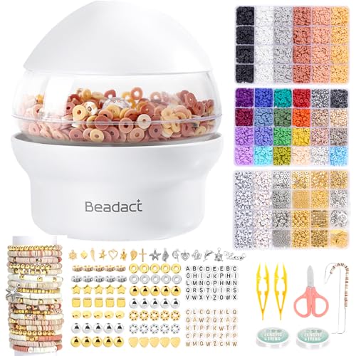 Beadact Clay Beads Spinner for Bracelet Making Kit, 3 Boxes Earth-Toned Colors Beads with Bead Spinner, Friendship Bracelet Making Kit for DIY Crafts with Spacer Bead and Charm, Gift for Craft Lovers