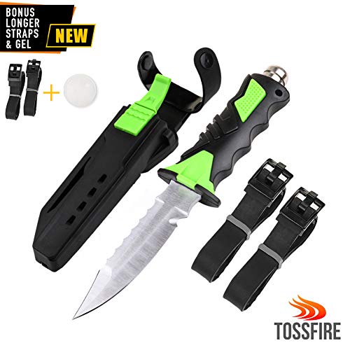 Stainless Steel Scuba Diving Knife with Leg Strap Sheath, Ergonomic Tactical Dive Knife 9 x 1.6" for Snorkeling Survival Spearfishing with Double Edge Sharp Blade and Lock Release Button