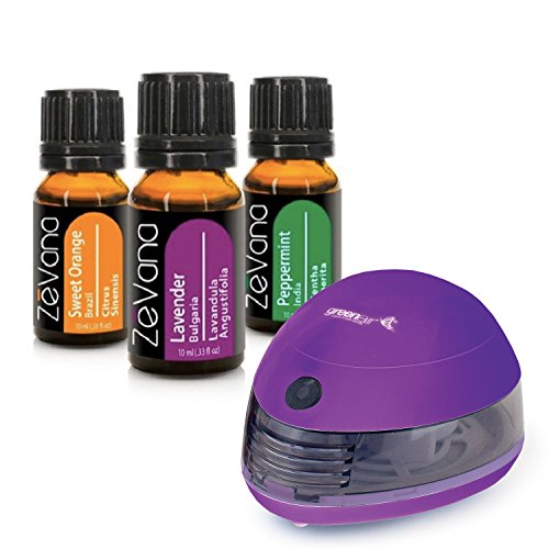 Essential oils/diffuser Zevana 3 pack of oils WITH Green Air Scent Pod Portable Diffuser 100% Therapeutic Grade (Lavender, Orange, Peppermint) Perfect essential oil combo