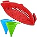 Silicone Snap Strainer with 2 Collapsible Funnels, FineGood Hands-free Clip-on Heat Resistant Colander Pour for Pasta Vegetable Noodles Pot bowl Pan - Red