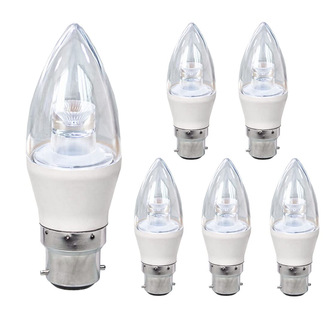 BAOMING Bayonet Light Bulb Candle LED Bulbs B22 40W Equivalent 400LM Cool White 6000k, 5W LED Candelabra Bulbs, AC220-240V, Clear, 6-Pack