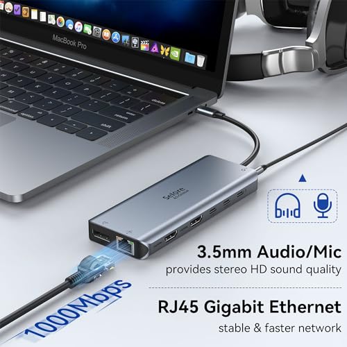 Selore USB C Laptop Docking Station Dual Monitor, 13-in-1 USB C Hub Adapter Docking Station 3 Monitors with 4K DP+4K HDMI+PD+RJ45 Ethernet+USB 3.1&2.0 port+SD/TF+Audio Compatible for MacBook Dell HP