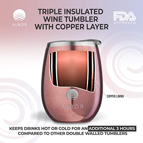 Albor Triple Insulated Wine Tumbler with Lid Stainless Steel 12 Oz Tumbler Rose Gold