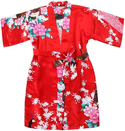 Toddler Girls' Satin Kimono Robe Peacock Blossoms Bathrobes Weeding Gown SPA Wedding Birthday Ages 1-12