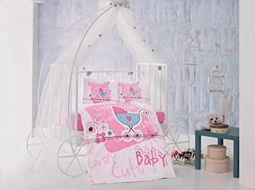 Lovely baby Pink Baby Cot Bed Duvet Cover Set, 100% Cotton Soft and Healthy 4-Pieces Bedding Set