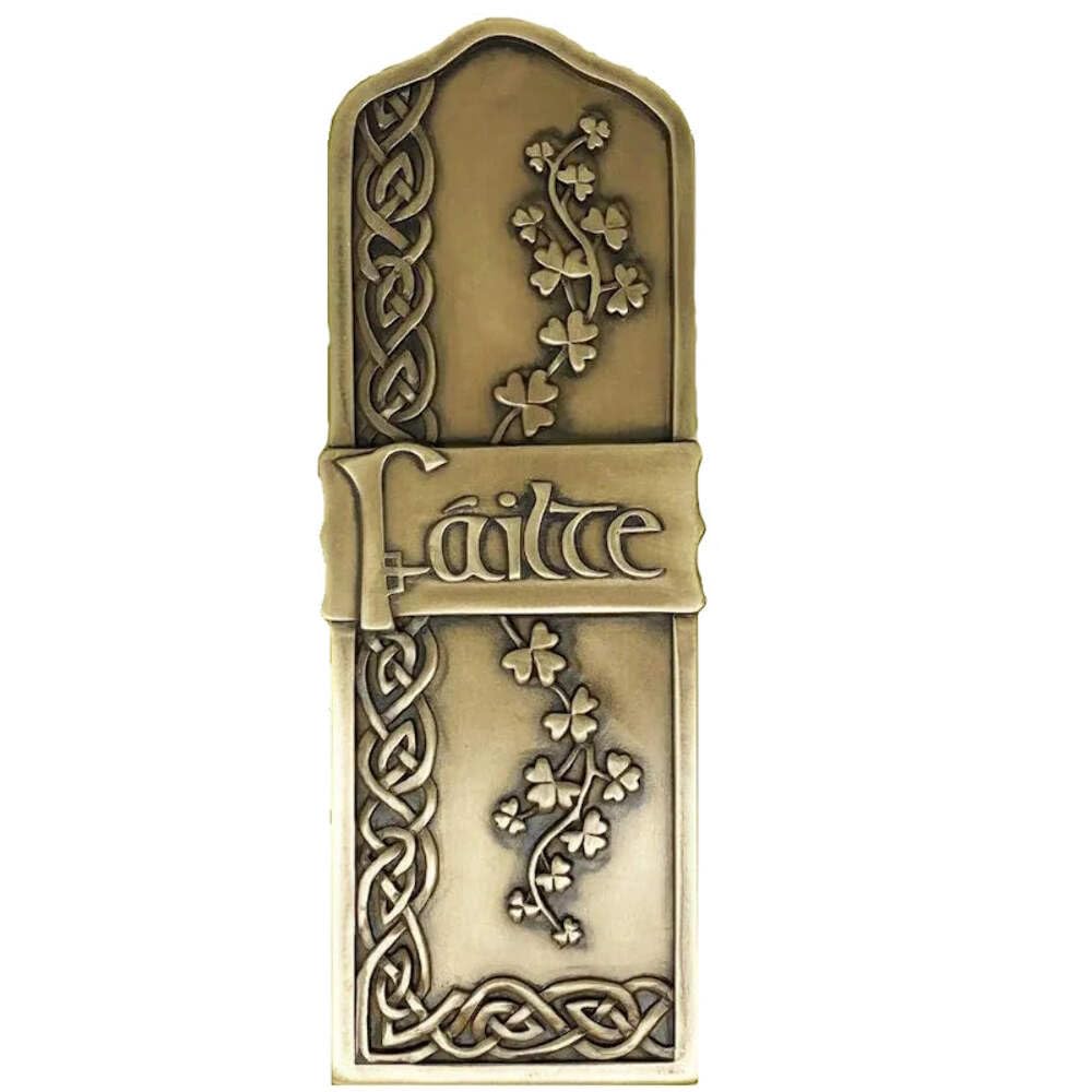 Royal Tara Bronze Failte Wall Hanging Plaque Irish Welcome Handcrafted Shamrock Celtic Spiral Decor Housewarming Gift (H 10" W 3.5")