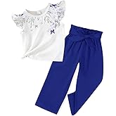 FJLSJSW Toddler Kid Girl Clothes Casual Ruffle Sleeve Floral Printed Top Solid Pants with Belt 3PC Outfit Set