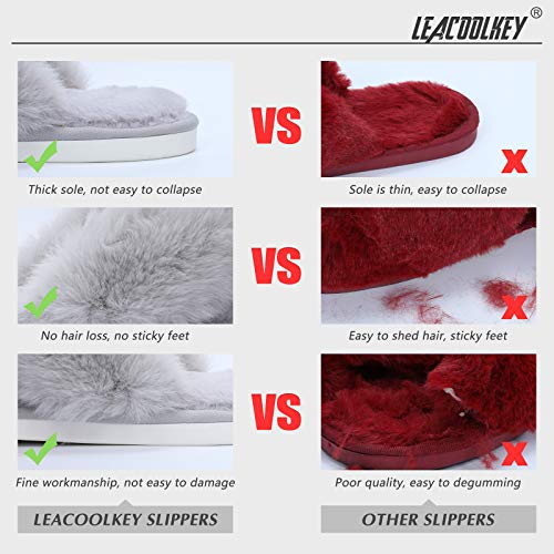 LEACOOLKEY Women Cross Band Slippers, Soft Plush Fleece Slippers, Furry Cozy Open Toe House Shoes, Indoor Outdoor Faux Rabbit Fur Comfy Slippers