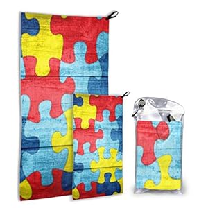 JOCHUAN Colorful Autism Awareness Puzzle Wood 2 Pack Microfiber Bath Towels Beach Man Beach Towel Set Fast Drying Best For Gym Travel Backpacking Yoga Fitnes