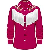 CORSKI Women's Western Cowgirl Fringe Shirt Long Sleeve Floral Embroidered Snap Collared Boho Rodeo Casual Blouses Shirts