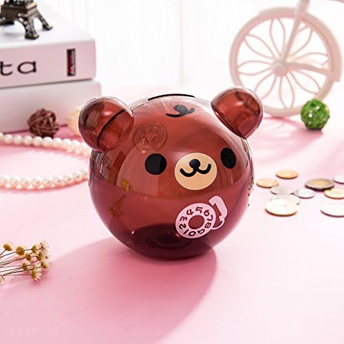 Girlwill Crystal Clear Piggy Bank Coffee Bear-shaped Coin Box for Adults &amp; Girls with Drawstring Bag 4.9"4.9"5.5" [Food Grade Plastic]