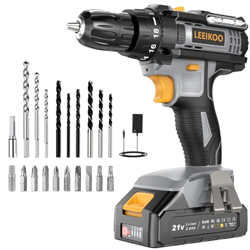 Perceuse Visseuse Sans Fil, Visseuse Devisseuse Sans Fil 21V, Perceuse 42N.m avec Batterie 2.0Ah, 18+1 Réglages de Couple, LED, 2 Vitesses, 20 Accessoires pour Projet de Bricolage, Gris